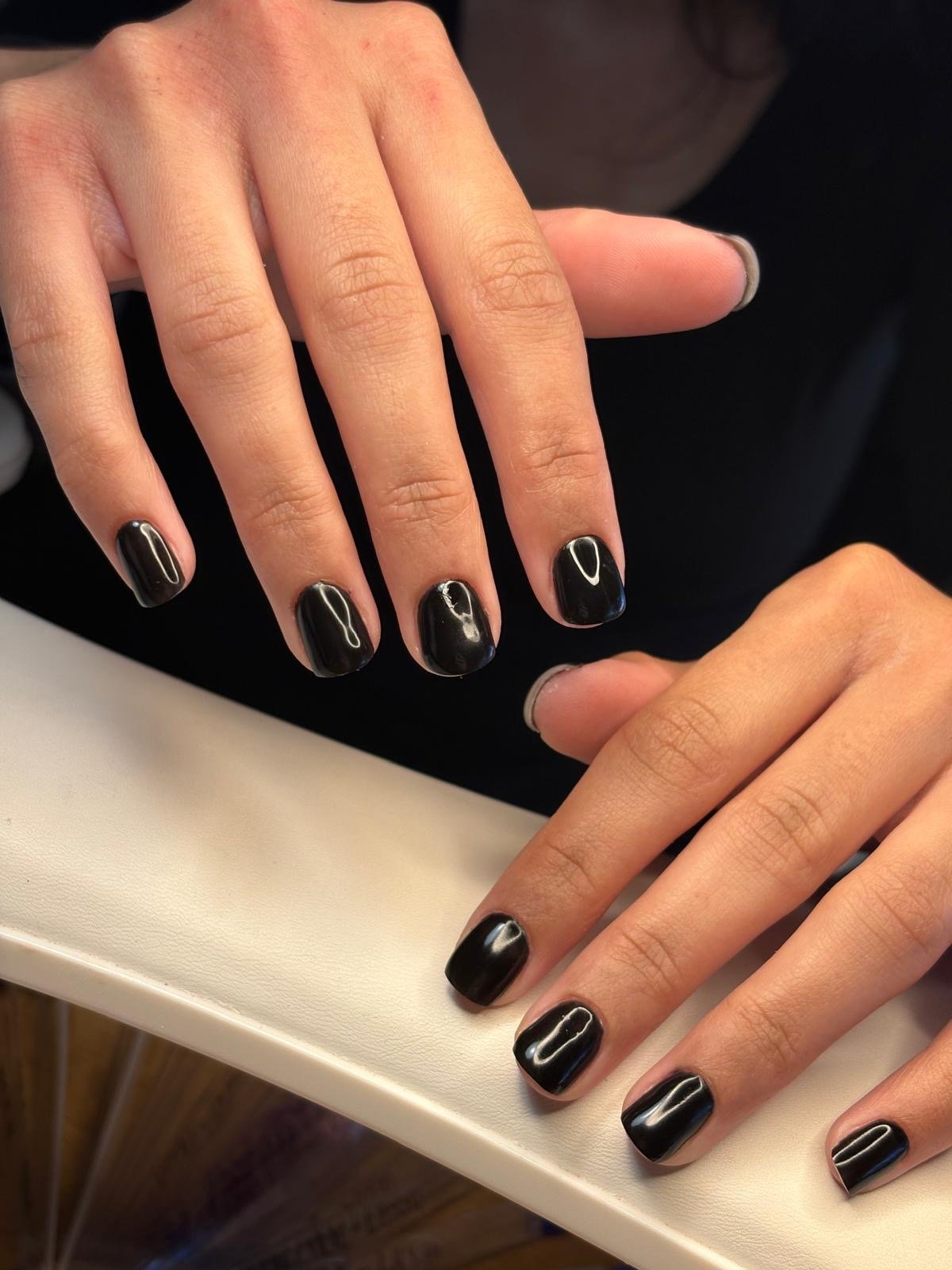 Russian manicure BIAB and colour in glossy black at Queen Bee Nails in Rockingham WA