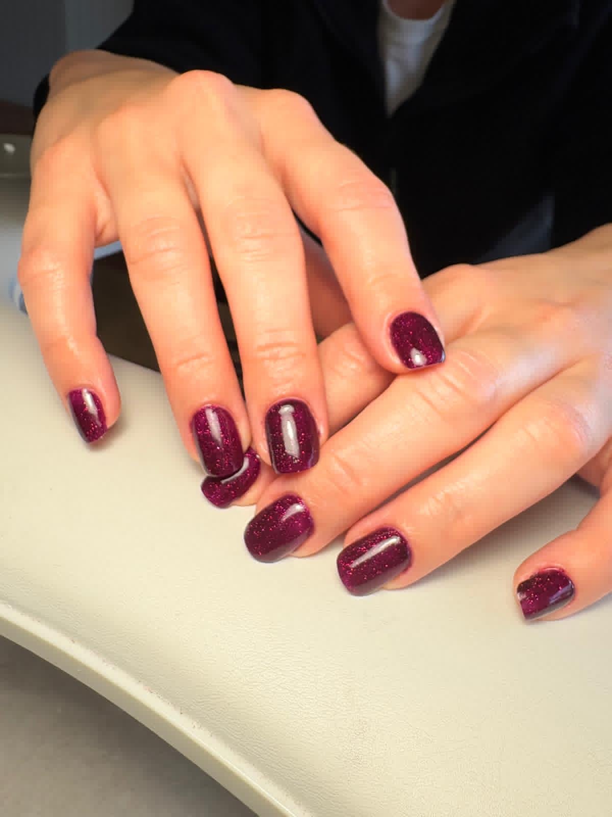 Russian manicure BIAB and colour in burgundy glitter at Queen Bee Nails in Rockingham WA