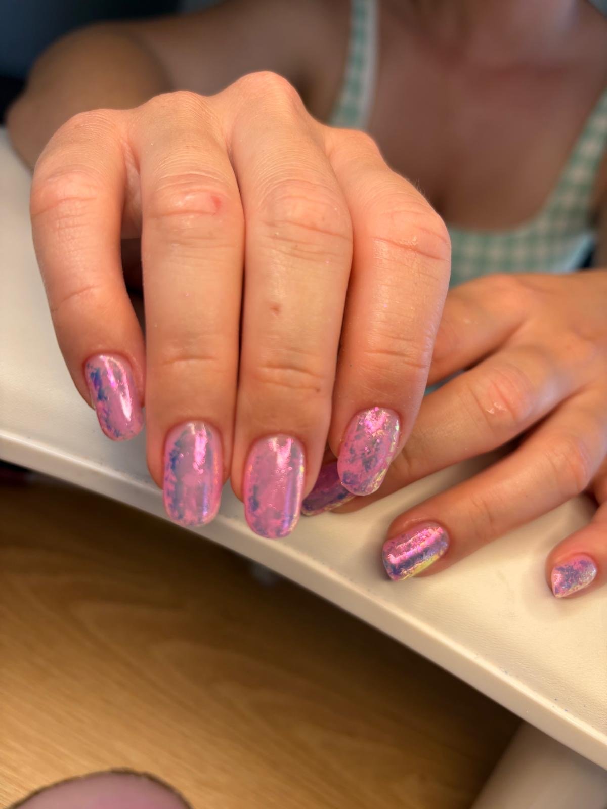 Russian manicure BIAB and colour in natural pink with silver foil at Queen Bee Nails in Rockingham WA