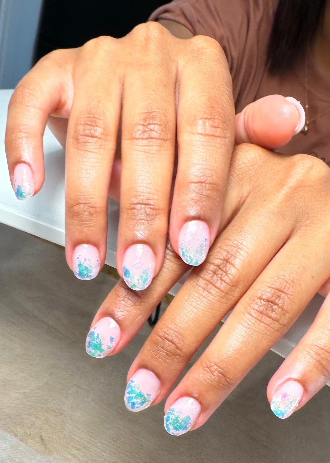 Russian manicure hard gel and colour with blue foil at Queen Bee Nails in Rockingham WA