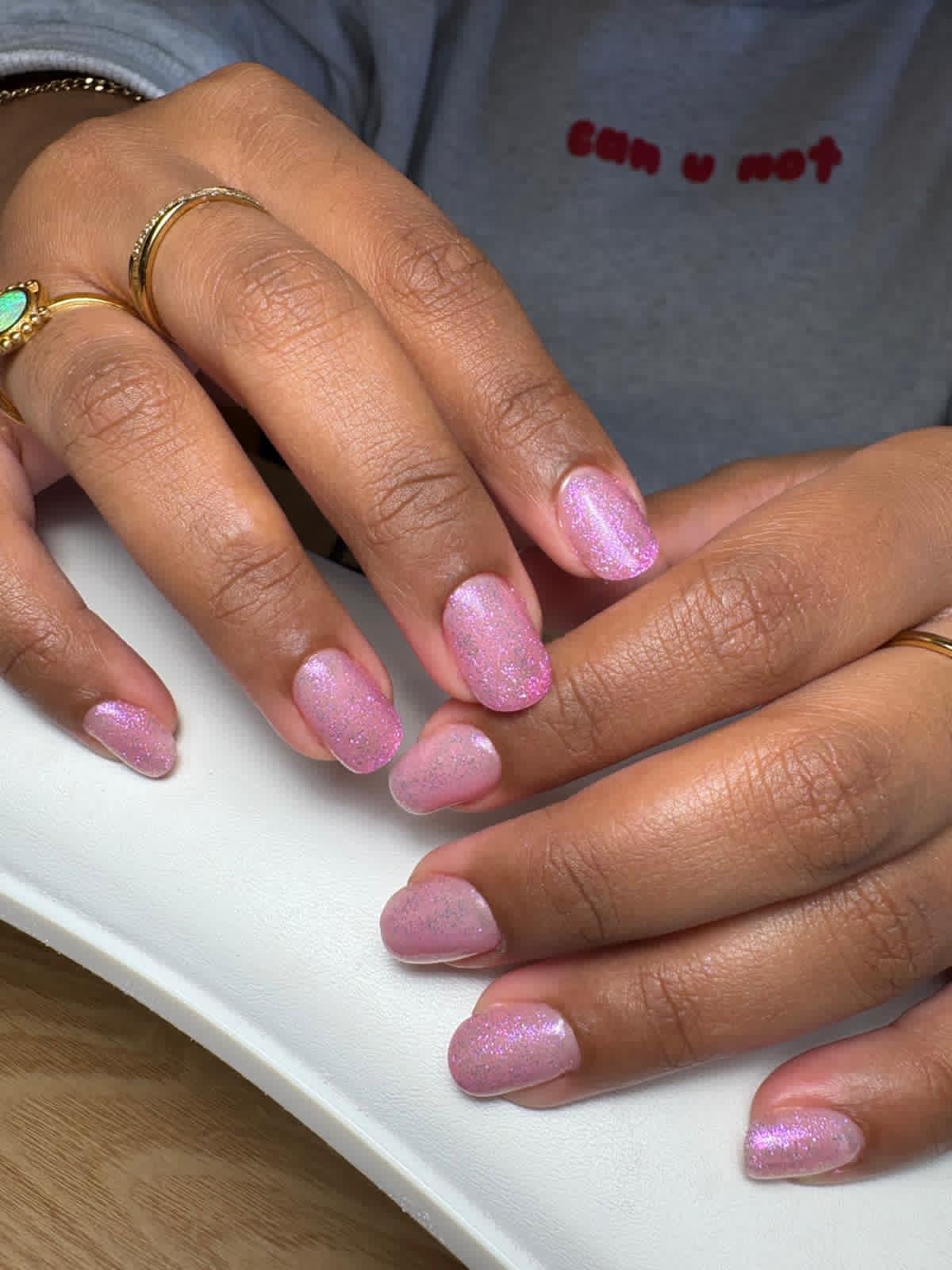 Russian manicure hard gel and colour in natural pink with silver glitter at Queen Bee Nails in Rockingham WA