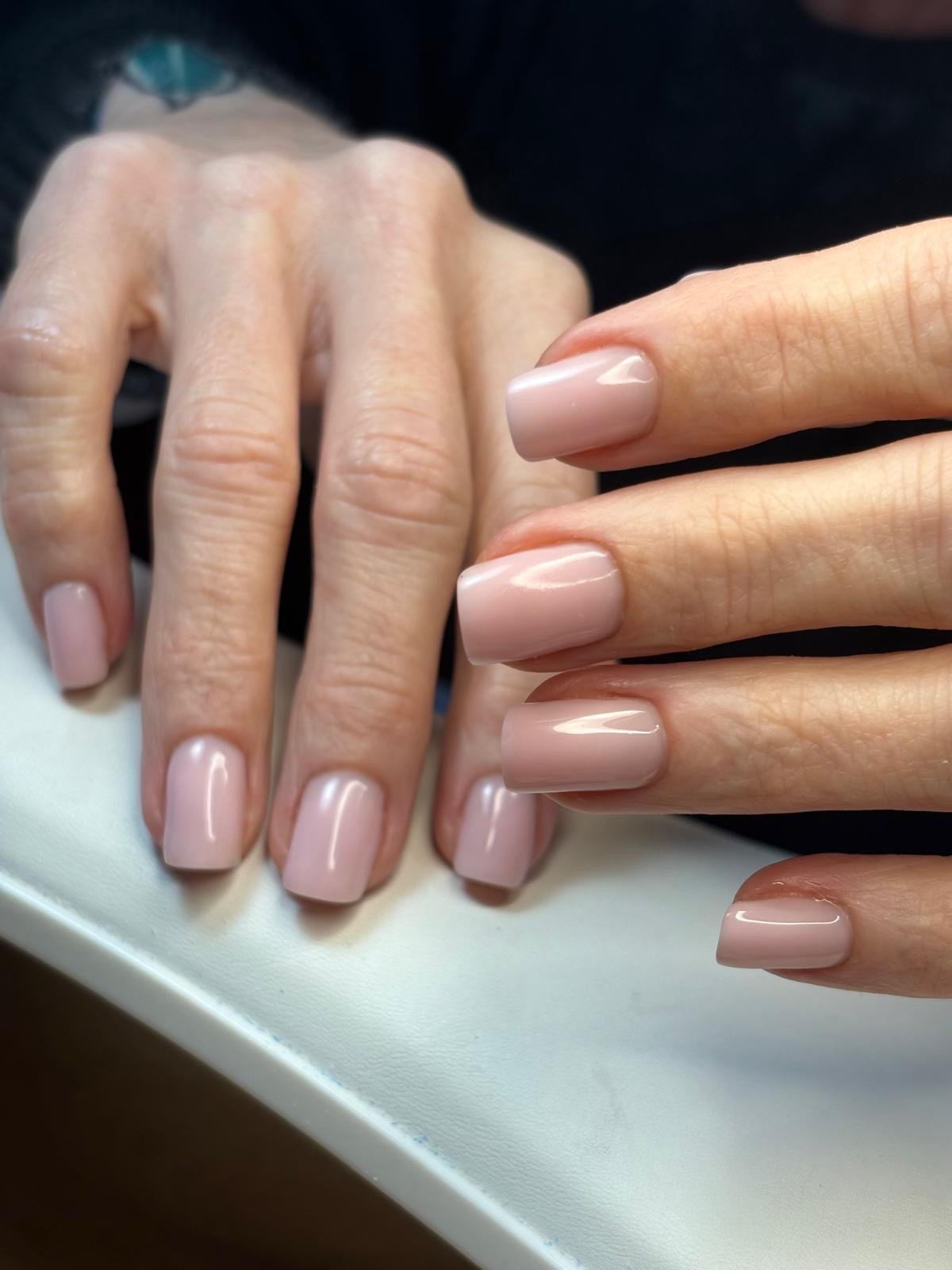 Russian manicure hard gel and colour in nude at Queen Bee Nails in Rockingham WA