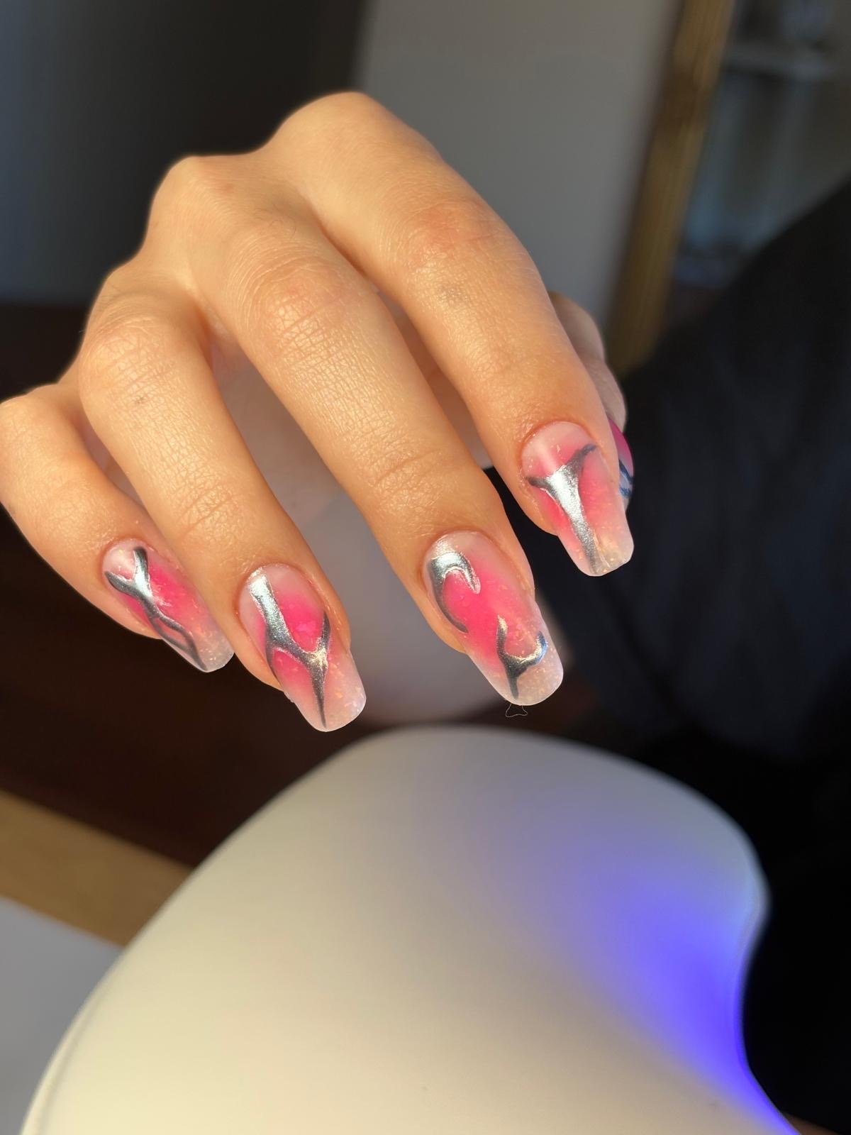 Russian manicure hard gel and colour in pink ombre extensions with silver paint at Queen Bee Nails in Rockingham WA